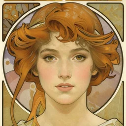 realistic detailed face portrait of Mia Kirschner by Alphonse Mucha, Ayami Kojima, Yoshitaka Amano, Charlie Bowater, Greg Hildebrandt, Jean Delville, Alphonse Mucha, and Mark Brooks, Art Nouveau, Pre-Raphaelite, Gothic Revival, exquisite fine details, 4k resolution