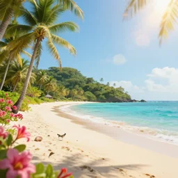 the most beautiful tropical island, seashore, flowers, palmtrees, animals, bokeh, godrays, highly detailed, lowbrow, cinematic, artstation