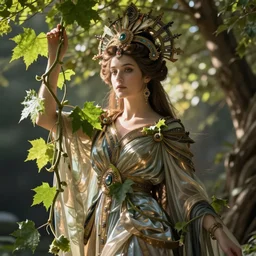 queen of the springtime with leaves and vines growing from her, by Annie Swynnerton and Nicholas Roerich and jean delville, dramatic cinematic lighting , ornate headdress , flowing robes, lost civilizations, smooth, sharp focus, extremely detailed
