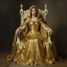 full body portrait of hooded queen in gold gothic robes sitting on a throne of bones, elegant, highly detailed painting by gaston bussiere, craig mullins, j. c. leyendecker, 8 k, mid shot