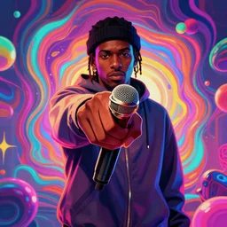 rapper holds microphone straight out, digital art, vapor wave, hip hop, psychedelic, surreal, trending on Artstation, professional artist, detailed, 4k