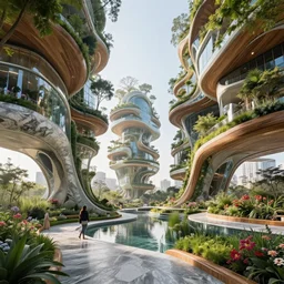 biophilic futuristic pabula land suspended buildings by veliz arquitecto, fluid aesthetics by miroslav naskov, mariana cabugueira, city garden, wood, flowers, natural beautiful morning light interior cinematic composition, granite marble, nebula magnolia, water, glass walls, metallic, grass, exotic trees, modular buildings, vincent callebaut composition, 8 k, unreal engine, hdr