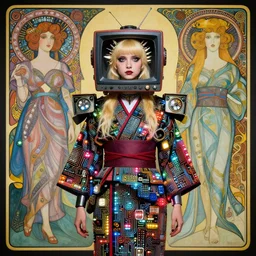 cute punk goth fashion fractal mecha blonde girl wearing a television tube helmet and kimono made of circuits and leds, surreal Dada collage by Mimmo Rotella Man Ray Kurt Schwitters Hannah Höch Alphonse Mucha Beeple