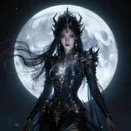 portrait of moon sorceress, beautiful, attractive, glowing, intricate, jaw dropping, dynamic lighting, dark, menacing, intricate and detailed, 4 k octane render, age 2 0