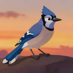 a  key shot of a Bluejay animation at sunset, medium shot, waist up, studio Ghibli, Pixar and Disney animation, sharp, Rendered in Playstation 1, low poly, bad graphics, terrible, NES, key art by Greg Rutkowski, dramatic lighting, flat texture, J. C. Leyendecker, Bluejay with 6 legs