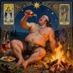 a dramatic, epic, ethereal painting of a !!handsome!! thicc chunky beefy mischievous shirtless man with a beer belly wearing a large belt and bandana offering a whiskey bottle | he is relaxing by a campfire | background is a late night with food and jugs of whisky | homoerotic | stars, tarot card, art deco, art nouveau, intricate | by Mark Maggiori (((and Alphonse Mucha))) | trending on artstation