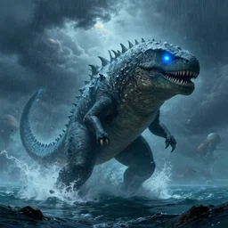 a massive underwater kaiju creature jumping out of the ocean, glowing blue eyes, alien planet, heavy clouds, rain, detailed digital painting, trending artstation, concept art, sharp focus, illustration art by alphonse mucha, greg rutkowski, craig mullins