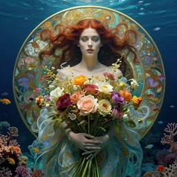portrait of a beautiful mysterious woman holding a bouquet of flowing flowers, hands hidden under the bouquet, submerged underwater filled with colorful small fish and coral reef, fantasy, regal, intricate, by stanley artgerm lau, greg rutkowski, thomas kindkade, alphonse mucha, loish, norman rockwell