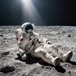 a dead astronaut body on the moon grounds. long view,
