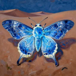 close up of the glowing moth man of the namibian desert. a symphony in blue and white. painting be henri rousseau, yves yanguy, monet, arcimboldo