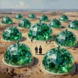 hyper detailed painting of giant domes made of bright, shining, vibrant green emeralds, sprawling across majestic parched plains, by francisco goya and rembrandt, unsettling, mysterious, by stephan martiniere and alexander fedosav, hyperrealism, 8 k resolution, behance hd, artstation, nightcafe