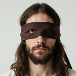 jesus christ wearing a blinfold, peeking over blinfold with one eye, staring