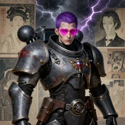 portrait of gothic and futuristic young mainem, warhammer, cyber armor, a lot of scars, thunderstorm, purple head, heart pink mono glasses place of eyes, the middle ages, highly detailed, artstation, in the style of moebius, jugendstil and classic japanese print, art by rene magritte, jean delville