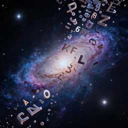 words falling from the sky, letters, language, space, stars, galaxy, nebula 8k digital art