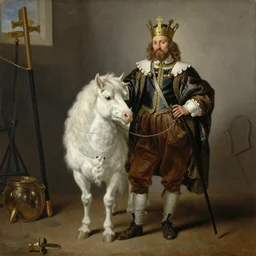 white and brown kooiker depicted as a king, oil on canvas by Rembrandt