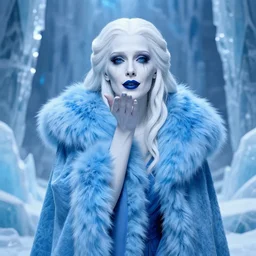 Full body Portrait of a female cryomancer, pale white skin, dark blue eyes, gorgeous lady, sky-blue thick fur robes, beautiful sculptured face, dark blue lipstick, kissing smile, pillars of ice background, extremely detailed, by frank franzzeta, WLOP, Genzoman and gary gygax, trending on artstation, artstationHD, artstationHQ, deviantart, 16K, HD, matte painting, vibrant colors