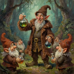 evil alchemist gnome, brown tuffle coat, evil smile, flasks in hands, giving flasks to other gnomes, dnd, forest background, oil painting, matte painting, by midjourney