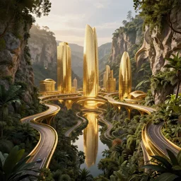 futuristic building in mountain jungle cityscape and surrounded by sculpted roads, golden buildings bridges with overgrown vegetation at algarve caves of benagil, golden buildings by santiago calatrava and zaha hadid, glowing reflections, at dusk, octane render redshift unreal engine, composition by by saul bass and mike mignola