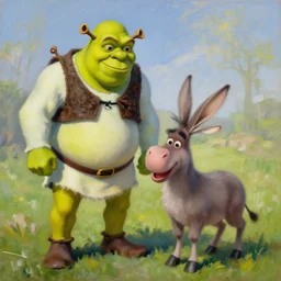 shrek and donkey, painting by phil hale, fransico goya,'action lines '!!!, graphic style, visible brushstrokes, motion blur, blurry, visible paint texture, crisp hd image