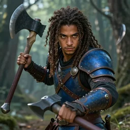 Picture of an teenager male warrior, baggy eyes, light bown iris, wielding an axe on each hand, long curly hair, dreadlocks, stubble beard, very light brown skin!, black shirt underneath armor, mixed leather armor, blue colored, in the forest, ready for combat, high fantasy, by WLOP, Genzoman, Sakimichan and Frank Franzzeta, trending on artstation, artstationHD, artstationHQ, good, octane, cgsociety, HD, extremely detailed, detailed face!, HD 16k