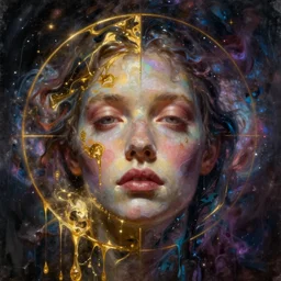 face galaxy, paint drip, phantom, dreary, dramatic, fluid, iridescent, golden ratio, artstation, moebius + loish + wlop, hd, oil painting, hyper realistic,