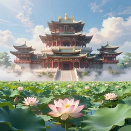 chinese ancient building, lotus blooming, waterlily pond, magnificent and fantastic john howe landscape, summer, clouds, fairy tale, light effect, super wide angle, greg rutkowski, unreal engine, james gurnev, artstation
