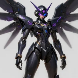 uncropped stealthy Feminine mecha (with futuristic jet armor and wings) with a heart visor helmet, symphogear, far shot, full body character portrait, hi-tech, trending on Artstation, black armor with purple accents, digital painting, concept art, sharp focus, illustration, art by WLOP and Greg Rutkowski