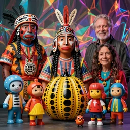 a colorfull portrait of a Selk'nam with a Capirote, Plastic toy, art toy, by Hikari Shimoda , Al Feldstein , mark ryden, Yayoi Kusama, lisa frank , garbage pail kids, Award winning photo, iridiscense, Houdini algorithmic generative render, dramatic lighting, volumetric light, Accurate and detailed, sharp focus, octane render 8k, zoom out ,