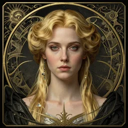 masterpiece head-on symmetrical centered portrait, Elisha Cuthbert as a paladin, blonde hair, art nouveau, gothic, victorian, elegant, distant, in the style of Edgar Maxence and Ross Tran and Zdzisław Beksiński and Michael Whelan and Gustave Doré and Ian Miller and H.R. Giger, specular highlights, 8k, octane render