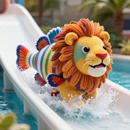 a closeup photorealistic photograph of a colorful knitted barracuda style lion riding down a water slide. splashing. professional capture. bright scene. this 4 k hd image is trending on artstation, featured on behance, well - rendered, extra crisp, features intricate detail, epic composition and the style of unreal engine.