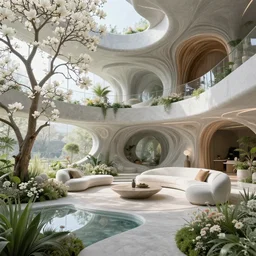 highly detailed villa garden natural beautiful light interior soft cinematic composition of a biophilic granite concrete wood nebula fluid white magnolias surreal scifi futuristic architecture cyberpunk landscape, furniture, trees, grass, bed of flowers, water, vincent callebaut composition, 8 k, unreal engine, hdr