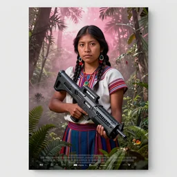 an indigenous ecuadorian huaorani young woman holding a nuclear futuristic weapon in the jungle, poster art by daniele caruso, benediktus budi, jason edmiston, vc johnson, powell peralta, volumetric light, foggy pink ambience