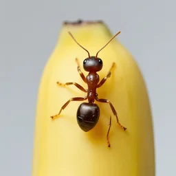 Macro shot photo of an ant climbing a banana, studio lighting