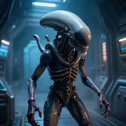 2 8 mm closeup portrait of a wet slimy dripping xenomorph alien in science fiction spaceship hallway, dramatic lighting, octane, blue lights, lens flare, industrial, dirty, trending on artstation, golden ratio, h. r. giger, mist, action, volumetric lighting