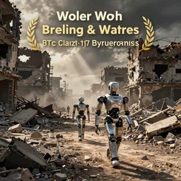 color video footage, robots walking in the bombed city,