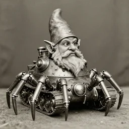 a dnd gnome warforged, head in a tank, mechanical spider legs, steam punk style, 1920s photograph