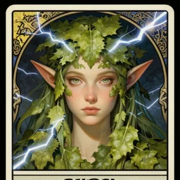 character concept portrait, head-on centralized, elf with leaves for hair. Detailed, high quality, dynamic lightning, fantasy, smooth, sharp focus, llustration, tarot-style framing. Artwork by artgerm, WLOP, alex ross, greg rutknowski aphonse Mucha