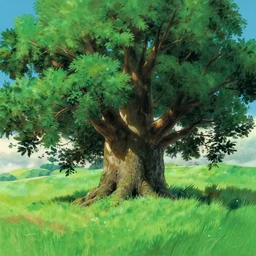 giant ash tree on grass landfield, gouache matte painting by pixar ghibli studio miyazaki ghibli