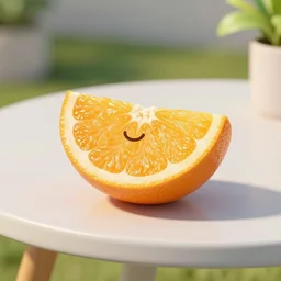 orange slice with smiling face on a table, outdoors, artstation