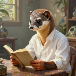 portrait painting of human body, head of a weasel, wearing a white shirt, sitting on a table reading by wenjun lin, irakli nadar, bright colors, octopath traveler, wenjun lin, unreal engine 5 highly rendered, global illumination, radiant light, detailed and intricate environment