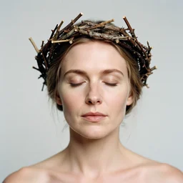 An head and shoulder front face portrait photography of a Viking woman wearing a twig crown by Annie Leibovitz. eyes closed. Studio portrait. Kodak Color Plus 800 film. Sunshine. Icelandic mood. detailed. hq. realistic. warm light. muted colors. lens flare. Glare and bloom. photoreal. Medium format photography. Golden hour. Leica M9.