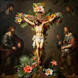 still life of jesus on cross covered with tropical flowers, wide shot, soft glow bloom lucid dream - like ethereal atmosphere, baroque portrait painting, perfect composition, beautiful intricate detailed octane render trending on artstation, 8 k artistic photography, volumetric cinematic perfect light, chiaroscuro, masterpiece, raphael, caravaggio, rutkowski, beeple, beksinski
