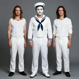matt damon with white mime makeup in white sailor costume, sailor hat, fullbody, by nicoletta ceccoli, mark ryden, lostfish, max fleischer, hyper realistic, artstation, illustration, digital art, matte paint, vivid colors, bright, cheerful, detailed and intricate environment