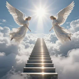 stairway to heaven, celestial, heavenly, light, celestial sky, angels, hyperdetailed, 8 k, 4 k, light reflection, mechanic stairs, mechanical stairs, magic, dream landscape, clouds, white light, god, magic clouds,