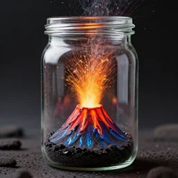 a volcano in a jar, erupting strongly, colorful, shiny, realistic, 4 k