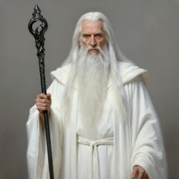 evil morgan freeman as evil wizard saurman the white, long white hair and white beard, long white flowing robes, long black wizard staff by alan lee, lord of the rings, smooth, oil painting, matte painting, concept art, trending on artstation, promotional artwork, film still, elegant, photorealistic facial features, intricate, detailed face, cinematic lighting