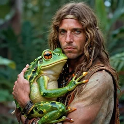 half - body portrait of hippie hugging with frog goddess in garden masterpiece happiness by jim burns doyle, tim detailed ultrarealistic expressive eyes dynamic cinematic dramatic