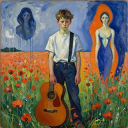 portrait of nervous boy with acoustic guitar standing next, field of poppies, hernan bas and pat steir and hilma af klint, psychological, photorealistic, dripping paint, washy brush, rendered in octane, altermodern, masterpiece