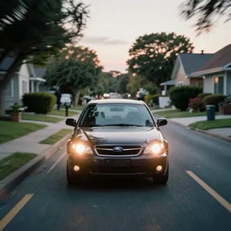 first official image from new film, subaru drives extremely fast through residential neighborhood, dimming headlights looking for a cheap thrill, lush colors, kodak vision 2 0 0 t, anamorphic lens, halation, diffusion, framing, symmetrical, film grain, high contrast