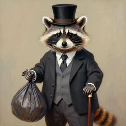 A raccoon wearing formal clothes, wearing a tophap and holding a cane. The raccoon is holding a garbage bag. Oil painting in the style Hokusa